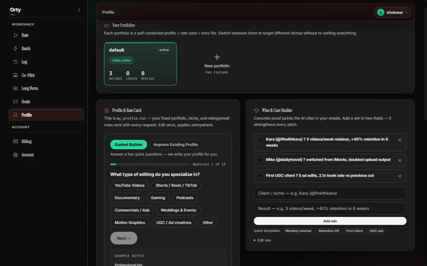 Orty Guided Profile Builder turning questionnaire answers into a client-ready bio